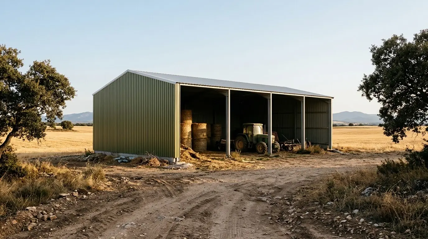 Nave agrícola de chapa verde oliva en una finca de cereal de la Comunidad de Madrid, con pacas de paja y un tractor dentro