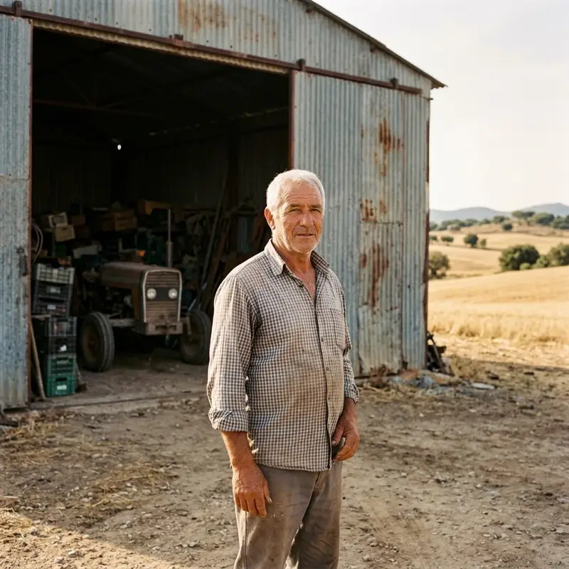 Agricultor de unos sesenta años delante de su nave de chapa con el tractor dentro