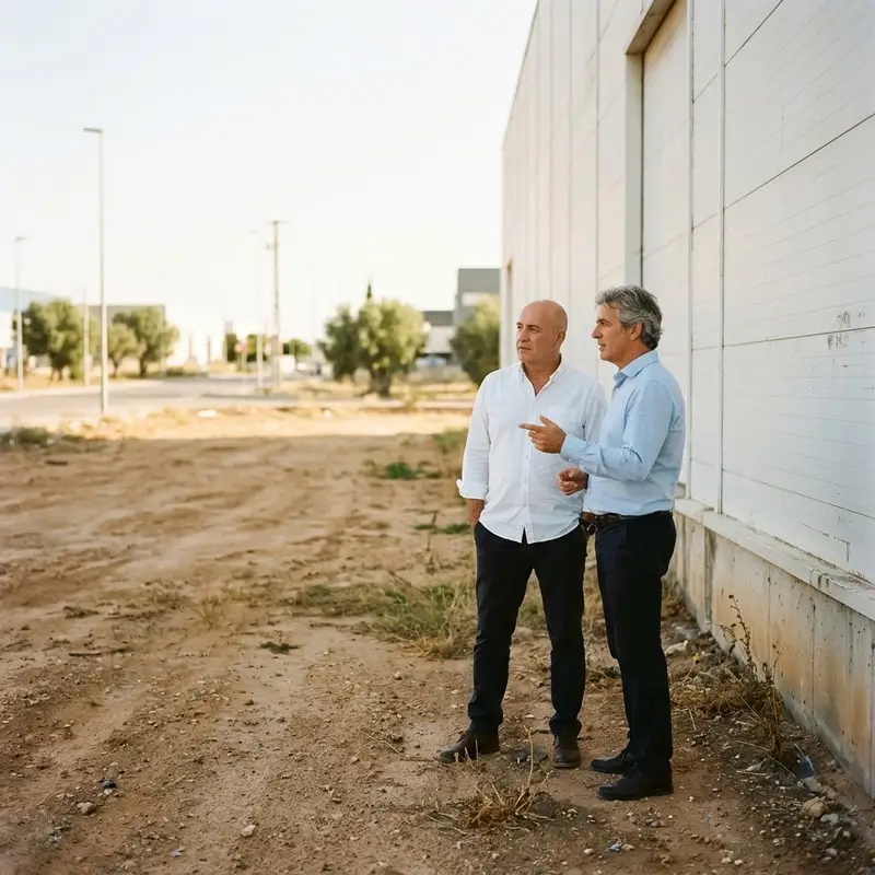 Dos socios de mediana edad mirando una parcela vacía junto a su nave