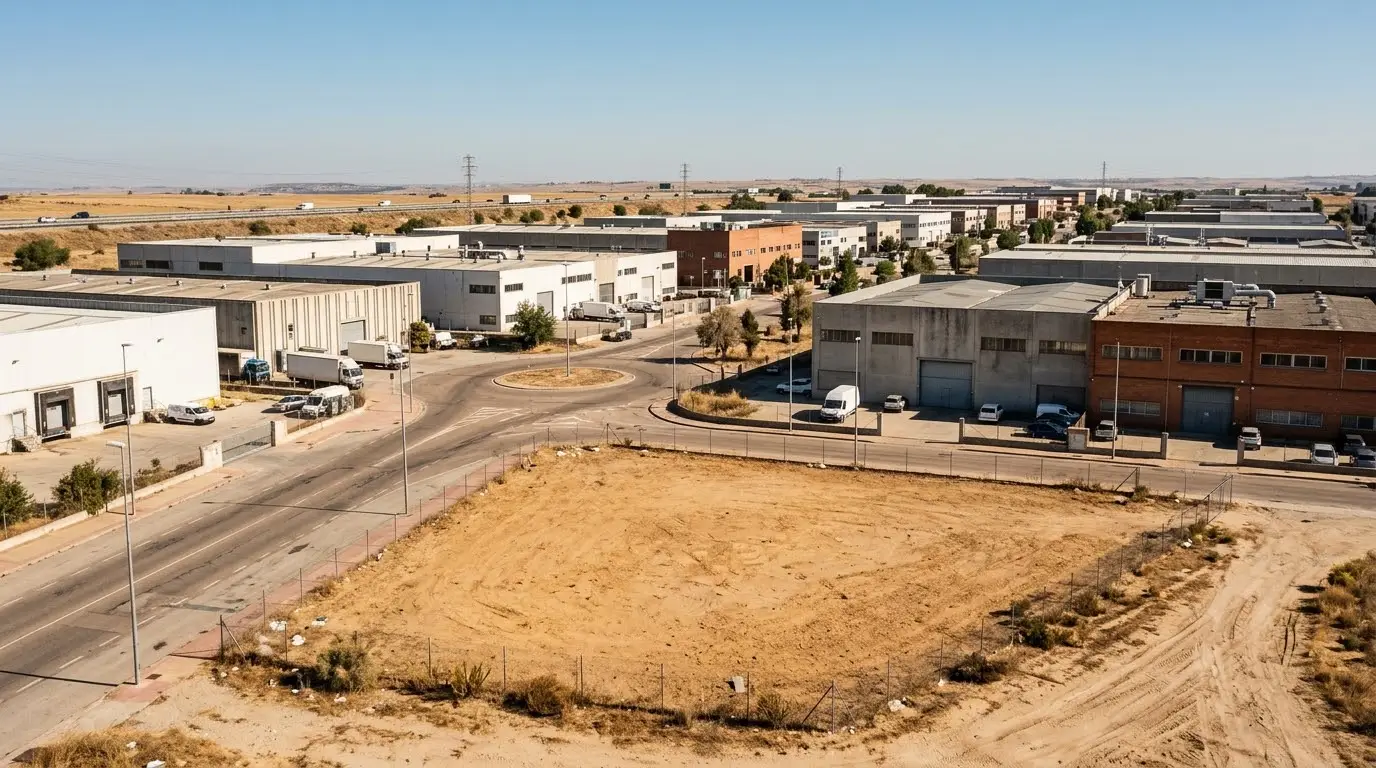 Polígono industrial del sur de Madrid con naves de distintos tamaños y una parcela libre en primer plano