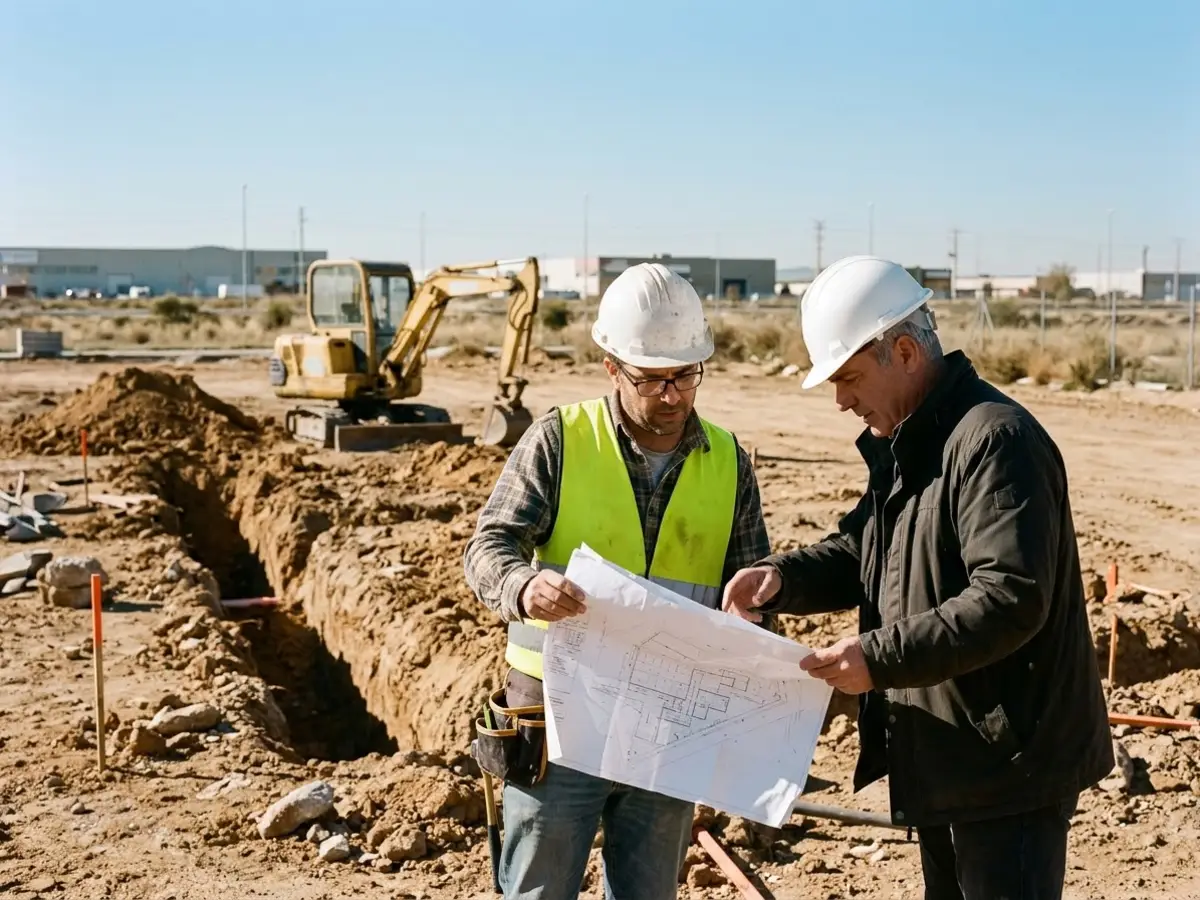 Técnico con casco blanco revisando planos con el dueño de la parcela junto a una zona de obra