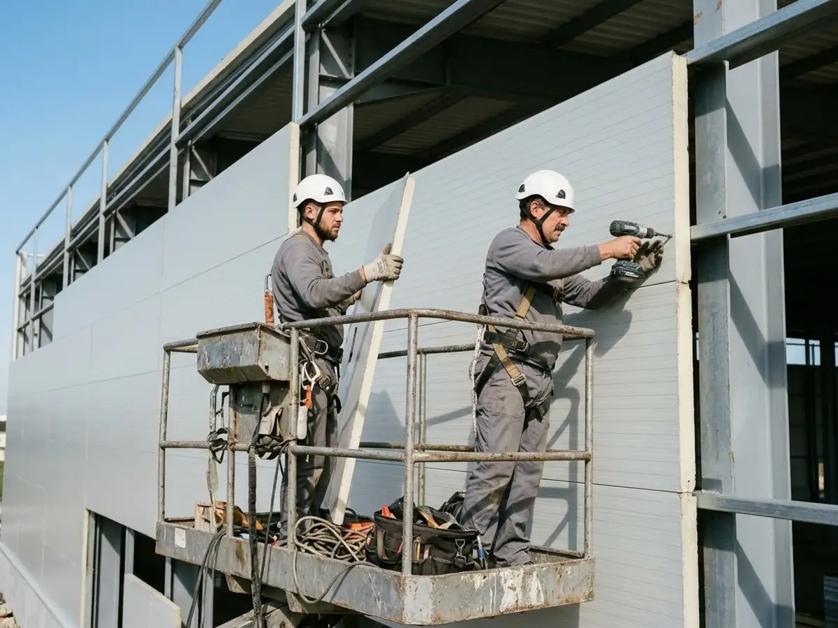 Dos montadores con arnés y casco fijando un panel sándwich en la fachada de una nave desde una plataforma elevadora
