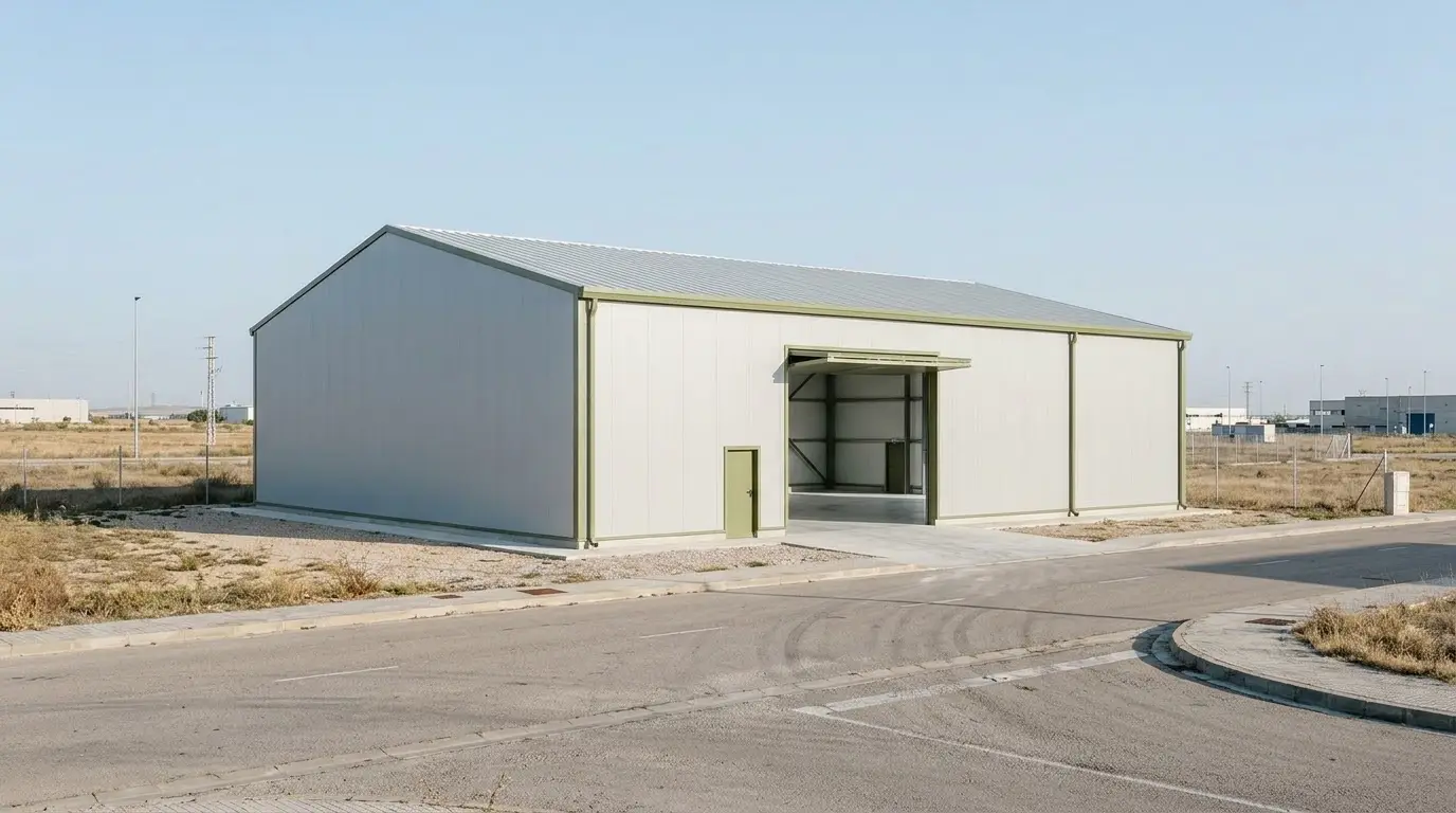 Nave de estructura metálica con fachada de panel sándwich gris claro y una puerta seccional abierta