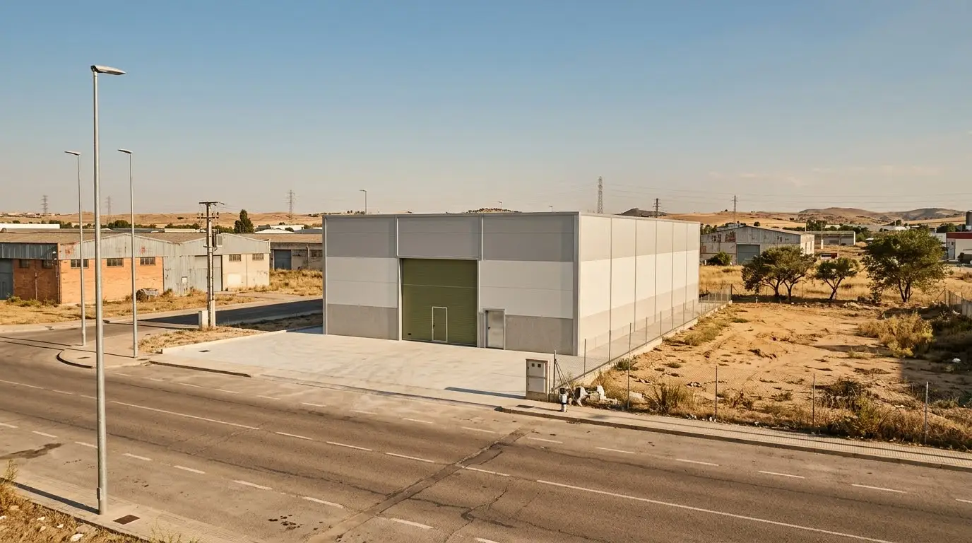 Nave industrial nueva de panel blanco y gris con una gran puerta seccional en un polígono del sur de Madrid