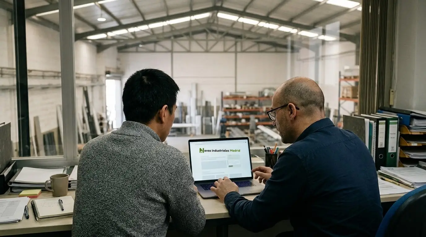 Dos socios mirando en el portátil la web de Naves industriales Madrid en la oficina de su taller