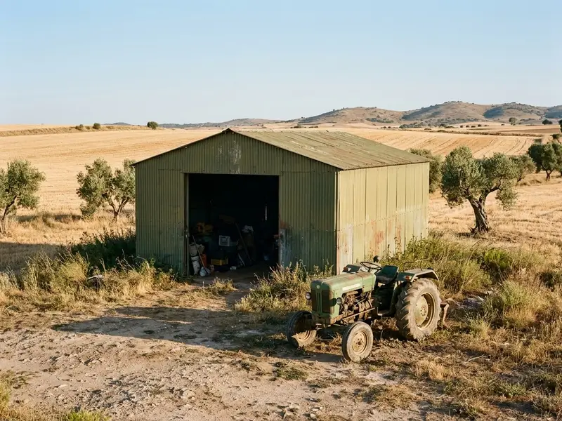 Nave agrícola de chapa verde con un tractor en la puerta entre campos de cereal