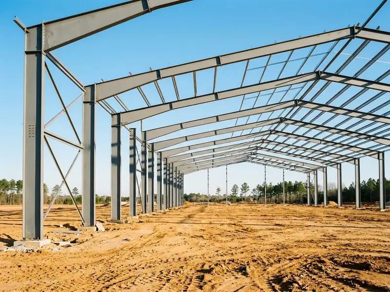 Estructura de pórticos de acero de una nave en construcción con el cielo azul al fondo