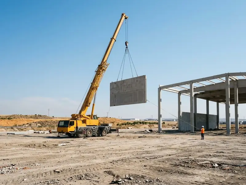 Grúa colocando un panel de hormigón prefabricado en una nave a medio montar
